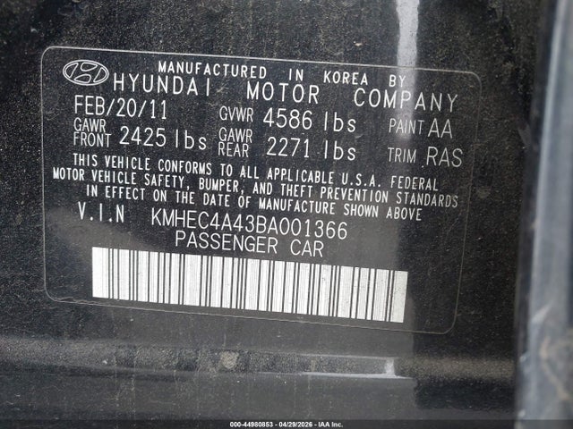 44980853 :رقم المزاد ، KMHEC4A43BA001366 vin ، 2011 Hyundai Sonata Hybrid مزاد بيع
