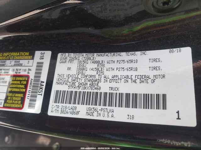 5TFHY5F18KX783460 Toyota Tundra Limited 5.7l V8