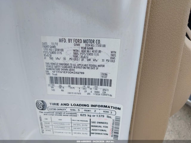 2013 Ford F-150 Lariat მანქანა იყიდება აუქციონზე, vin: 1FTFW1EF0DKD52789, აუქციონის ნომერი: 44980900