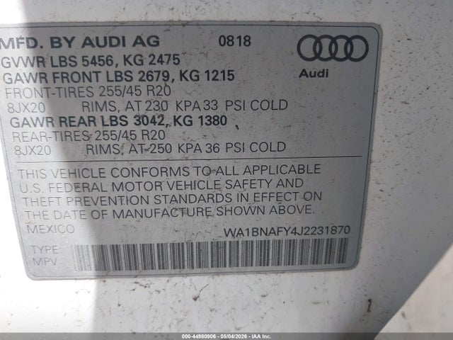 Aukcja sprzedaży 2018 Audi Q5 2.0t Premium, vin: WA1BNAFY4J2231870, numer aukcji: 44980906