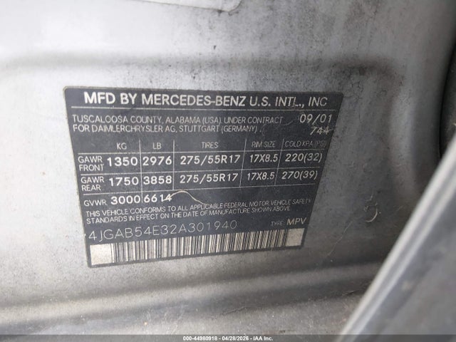 2002 Mercedes-benz Ml 320 მანქანა იყიდება აუქციონზე, vin: 4JGAB54E32A301940, აუქციონის ნომერი: 44980918