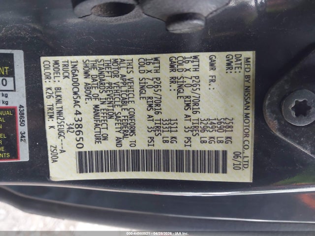 Продаж на аукціоні авто 2010 Nissan Frontier Se, vin: 1N6AD0CW5AC438650, номер лоту: 44980921