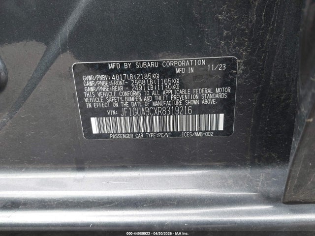 Aukcja sprzedaży 2024 Subaru Impreza Base 5-door, vin: JF1GUABCXR8319216, numer aukcji: 44980922