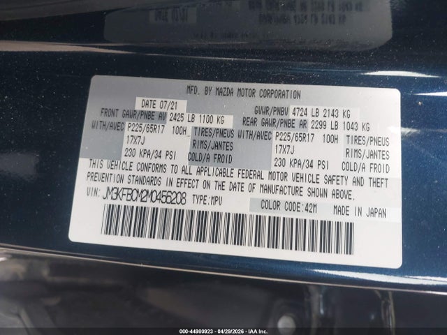 44980923 :رقم المزاد ، JM3KFBCM2M0456208 vin ، 2021 Mazda Cx-5 Touring مزاد بيع