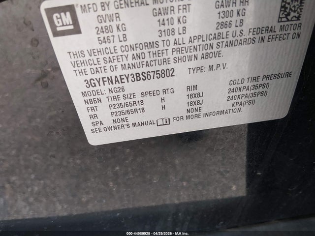 44980925 :رقم المزاد ، 3GYFNAEY3BS675802 vin ، 2011 Cadillac Srx Luxury Collection مزاد بيع
