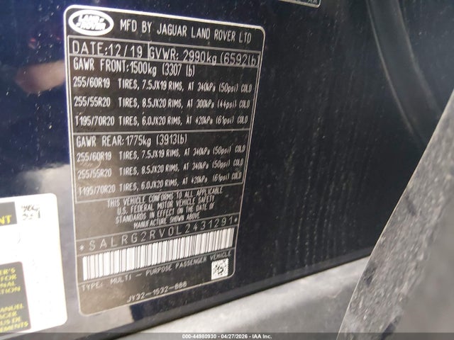 44980930 :رقم المزاد ، SALRG2RV0L2431291 vin ، 2020 Land Rover Discovery Se مزاد بيع
