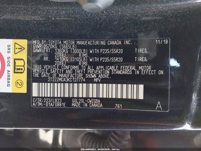 Aukcja sprzedaży 2019 Lexus Rx 350, vin: 2T2ZZMCA3KC127774, numer aukcji: 44980953