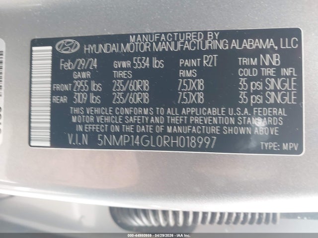 2024 Hyundai Santa Fe Se მანქანა იყიდება აუქციონზე, vin: 5NMP14GL0RH018997, აუქციონის ნომერი: 44980959