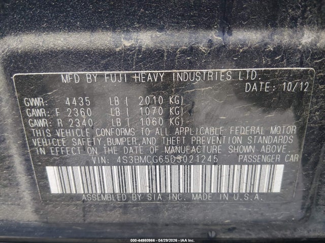 44980966 :رقم المزاد ، 4S3BMCG65D3021245 vin ، 2013 Subaru Legacy 2.5i Premium مزاد بيع