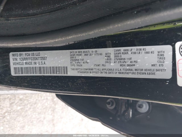 Продаж на аукціоні авто 2025 Ram 1500 Big Horn  4x4 5'7 Box, vin: 1C6RRFFG3SN772557, номер лоту: 44981005