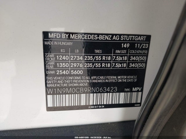 Aukcja sprzedaży 2024 Mercedes-benz Eqb 250 Suv, vin: W1N9M0CB9RN063423, numer aukcji: 44981009