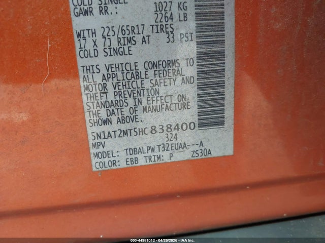 44981012 :رقم المزاد ، 5N1AT2MT5HC838400 vin ، 2017 Nissan Rogue S مزاد بيع