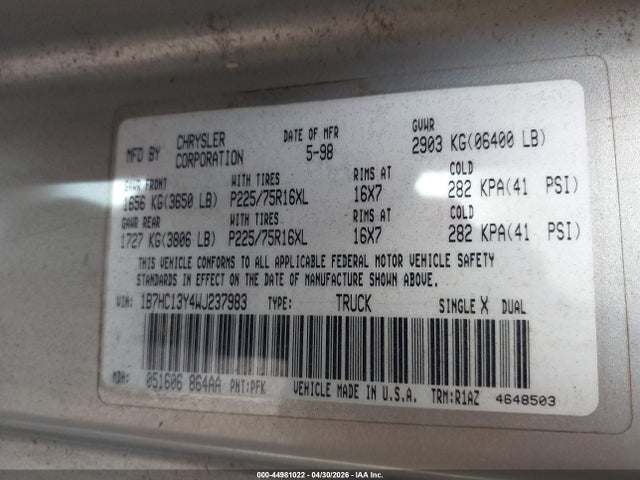 Продажа на аукционе авто 1998 Dodge Ram 1500 St, vin: 1B7HC13Y4WJ237983, номер лота: 44981022