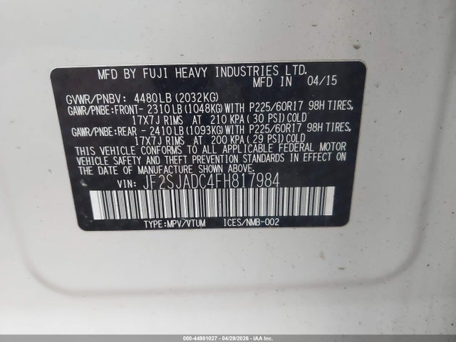 Aukcja sprzedaży 2015 Subaru Forester 2.5i Premium, vin: JF2SJADC4FH817984, numer aukcji: 44981027