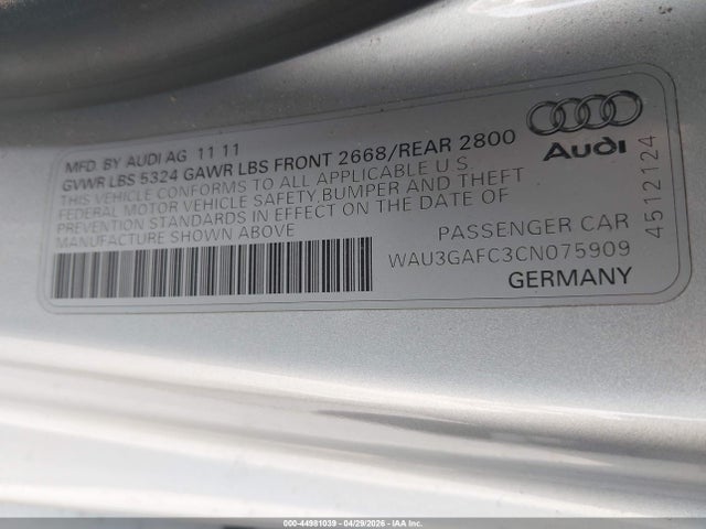 44981039 :رقم المزاد ، WAU3GAFC3CN075909 vin ، 2012 Audi A7 Premium مزاد بيع