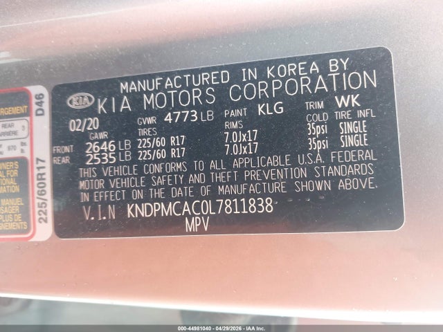 Продажа на аукционе авто 2020 Kia Sportage Lx, vin: KNDPMCAC0L7811838, номер лота: 44981040