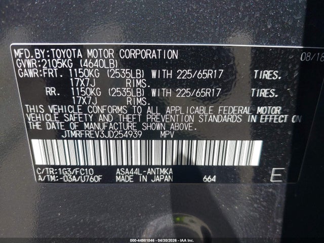 Продаж на аукціоні авто 2018 Toyota Rav4 Xle, vin: JTMRFREV3JD254939, номер лоту: 44981046