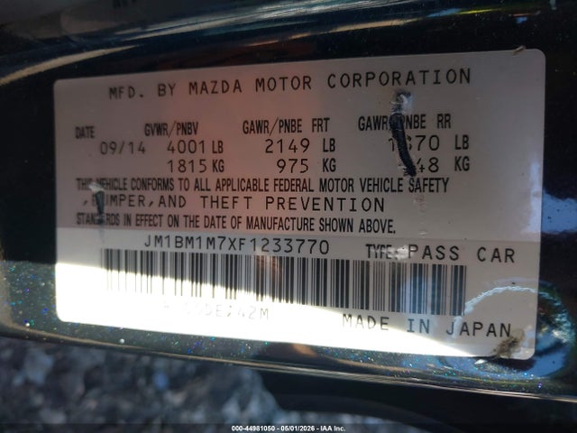 44981050 :رقم المزاد ، JM1BM1M7XF1233770 vin ، 2015 Mazda Mazda3 I Grand Touring مزاد بيع