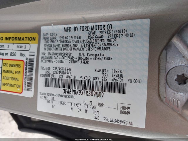 44981051 :رقم المزاد ، 3FA6P0K9XFR309989 vin ، 2015 Ford Fusion Titanium مزاد بيع
