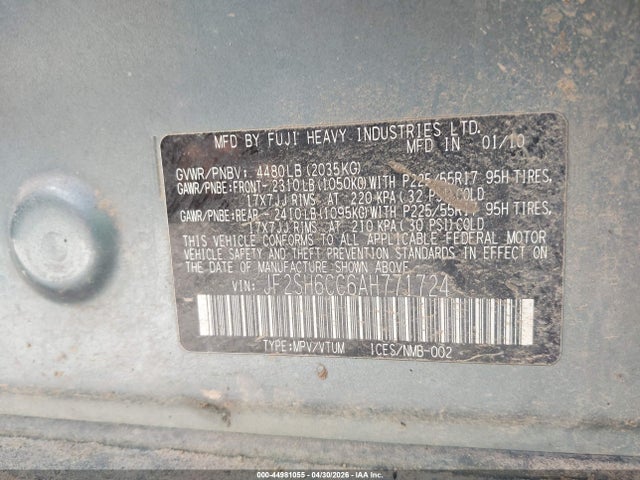 Продаж на аукціоні авто 2010 Subaru Forester 2.5x Premium, vin: JF2SH6CC6AH771724, номер лоту: 44981055