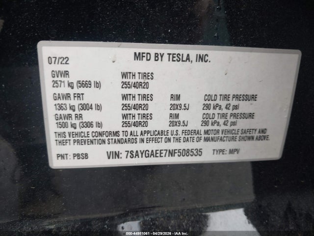 Продажа на аукционе авто 2022 Tesla Model Y Long Range Dual Motor All-wheel Drive, vin: 7SAYGAEE7NF508535, номер лота: 44981061