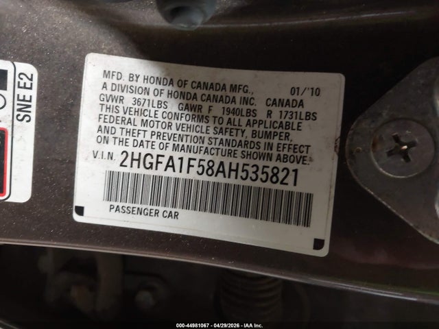 Aukcja sprzedaży 2010 Honda Civic Lx, vin: 2HGFA1F58AH535821, numer aukcji: 44981067