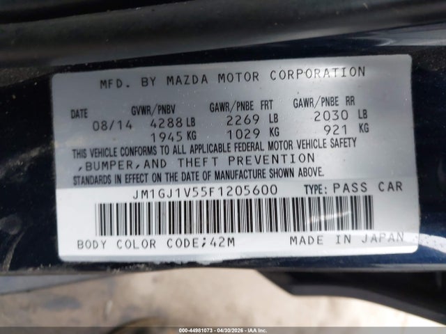 44981073 :رقم المزاد ، JM1GJ1V55F1205600 vin ، 2015 Mazda Mazda6 I Touring مزاد بيع