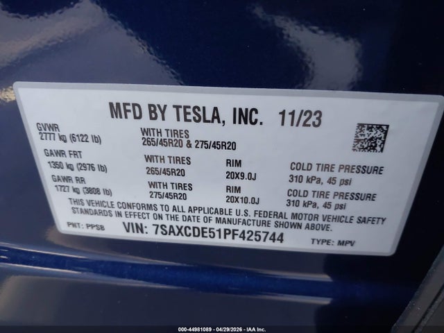 Aukcja sprzedaży 2023 Tesla Model X Dual Motor All-wheel Drive/standard Range, vin: 7SAXCDE51PF425744, numer aukcji: 44981089