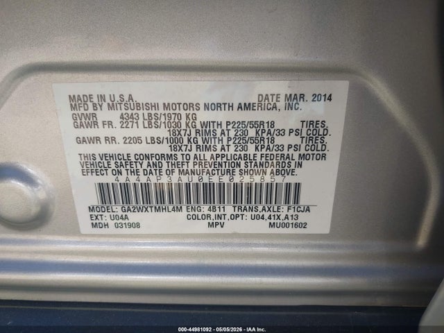 44981092 :رقم المزاد ، 4A4AP3AU0EE025857 vin ، 2014 Mitsubishi Outlander Sport Es مزاد بيع