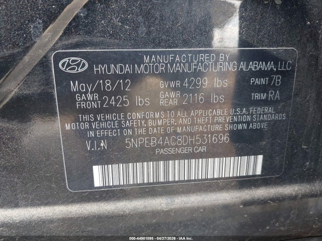 44981095 :رقم المزاد ، 5NPEB4AC8DH531696 vin ، 2013 Hyundai Sonata Gls مزاد بيع