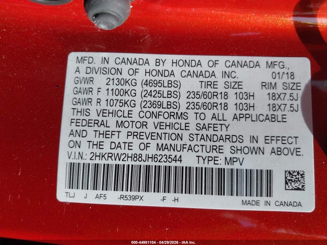 Auction sale of the 2018 Honda Cr-v Ex-l/ex-l Navi, vin: 2HKRW2H88JH623544, lot number: 44981104