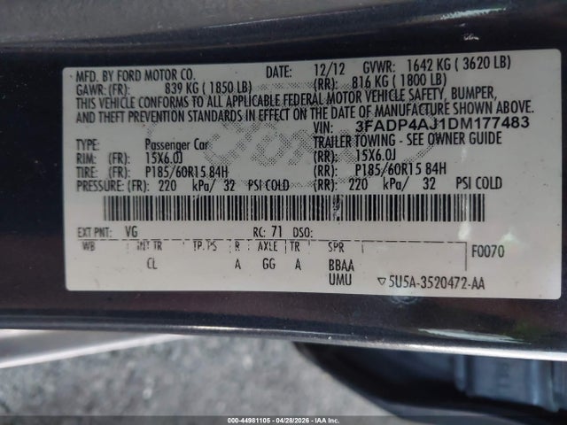 Aukcja sprzedaży 2013 Ford Fiesta S, vin: 3FADP4AJ1DM177483, numer aukcji: 44981105