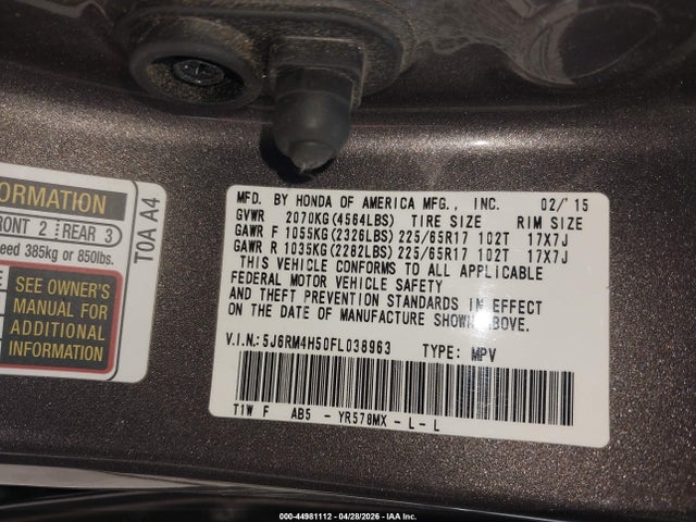 2015 Honda Cr-v Ex მანქანა იყიდება აუქციონზე, vin: 5J6RM4H50FL038963, აუქციონის ნომერი: 44981112