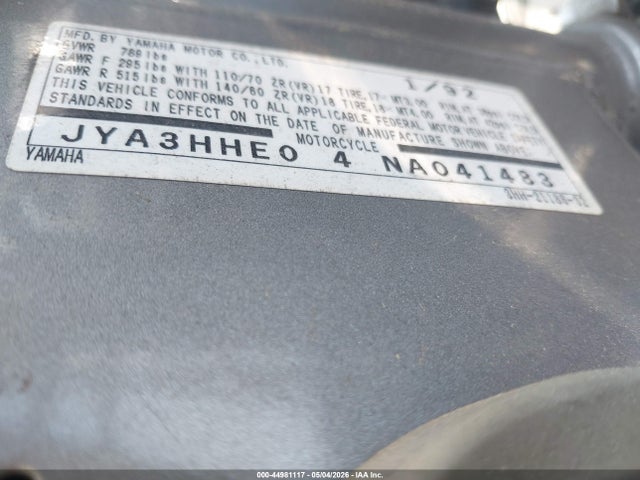 Продаж на аукціоні авто 1992 Yamaha Fzr600 R, vin: JYA3HHE04NA041483, номер лоту: 44981117