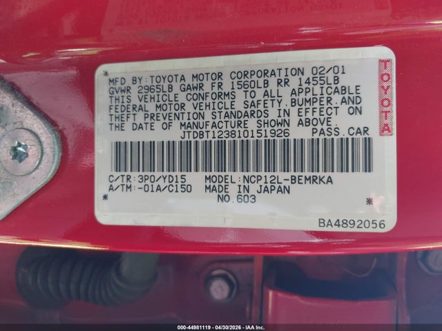 Aukcja sprzedaży 2001 Toyota Echo, vin: JTDBT123810151926, numer aukcji: 44981119