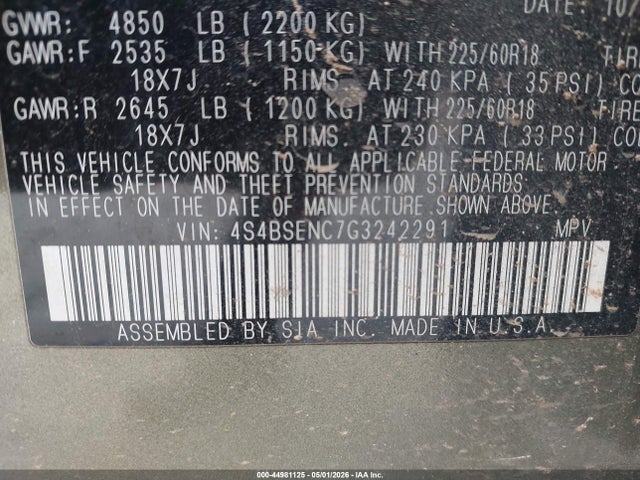 44981125 :رقم المزاد ، 4S4BSENC7G3242291 vin ، 2016 Subaru Outback 3.6r Limited مزاد بيع