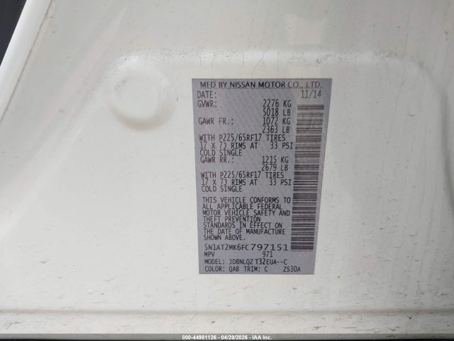 Aukcja sprzedaży 2015 Nissan Rogue Sv, vin: 5N1AT2MK6FC797151, numer aukcji: 44981126