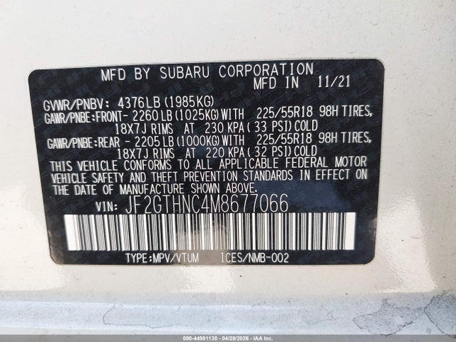 Aukcja sprzedaży 2021 Subaru Crosstrek Limited, vin: JF2GTHNC4M8677066, numer aukcji: 44981130