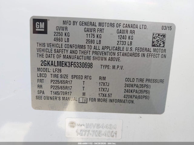 Aukcja sprzedaży 2015 Gmc Terrain Sle-1, vin: 2GKALMEK3F6330698, numer aukcji: 44981132