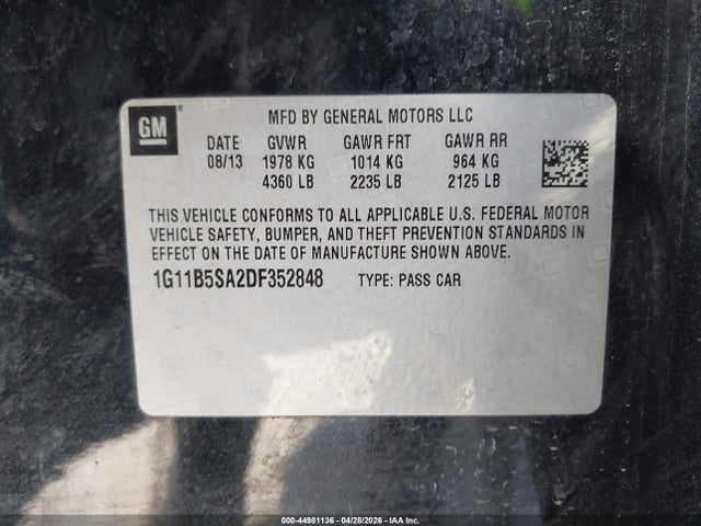 Aukcja sprzedaży 2013 Chevrolet Malibu 1ls, vin: 1G11B5SA2DF352848, numer aukcji: 44981136