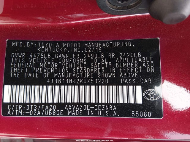 Продажа на аукционе авто 2019 Toyota Camry Le, vin: 4T1B11HK2KU750220, номер лота: 44981139