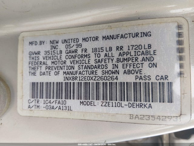 Aukcja sprzedaży 1999 Toyota Corolla Ve, vin: 1NXBR12E0XZ260264, numer aukcji: 44981147