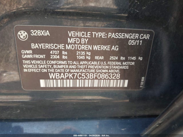 Продаж на аукціоні авто 2011 Bmw 328i Xdrive, vin: WBAPK7C53BF086328, номер лоту: 44981151