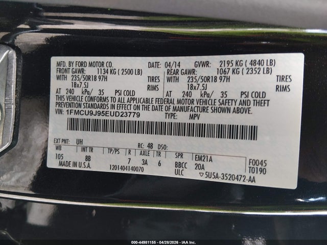 44981155 :رقم المزاد ، 1FMCU9J95EUD23779 vin ، 2014 Ford Escape Titanium مزاد بيع