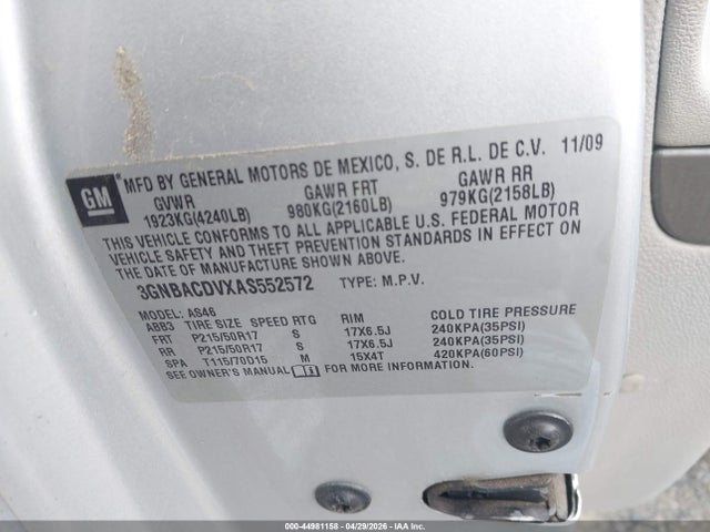 2010 Chevrolet Hhr Lt მანქანა იყიდება აუქციონზე, vin: 3GNBACDVXAS552572, აუქციონის ნომერი: 44981158