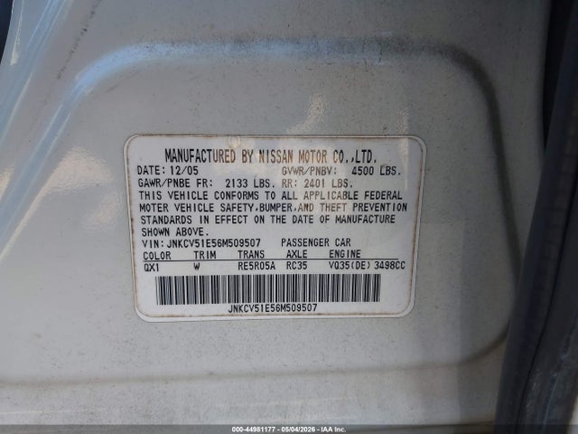 Продаж на аукціоні авто 2006 Infiniti G35, vin: JNKCV51E56M509507, номер лоту: 44981177