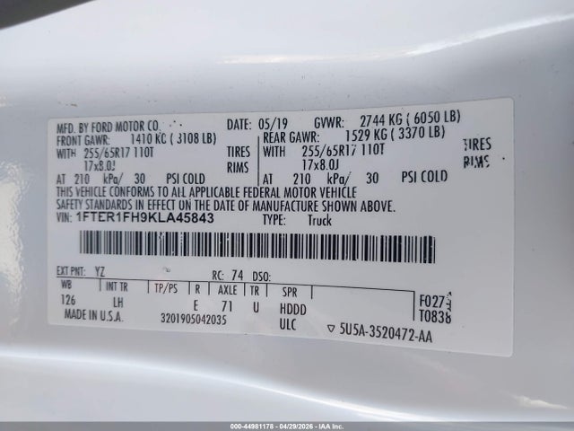 Продаж на аукціоні авто 2019 Ford Ranger Xl, vin: 1FTER1FH9KLA45843, номер лоту: 44981178