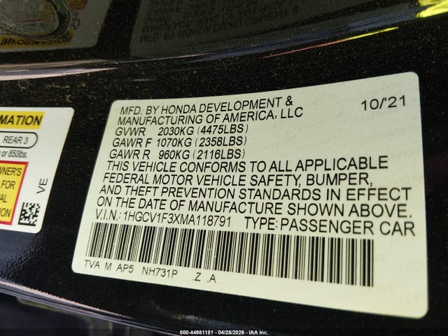 2021 Honda Accord Sport მანქანა იყიდება აუქციონზე, vin: 1HGCV1F3XMA118791, აუქციონის ნომერი: 44981181