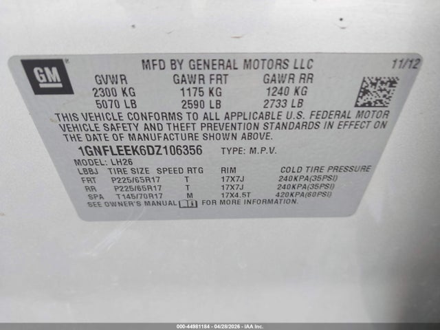 Aukcja sprzedaży 2013 Chevrolet Equinox 1lt, vin: 1GNFLEEK6DZ106356, numer aukcji: 44981184