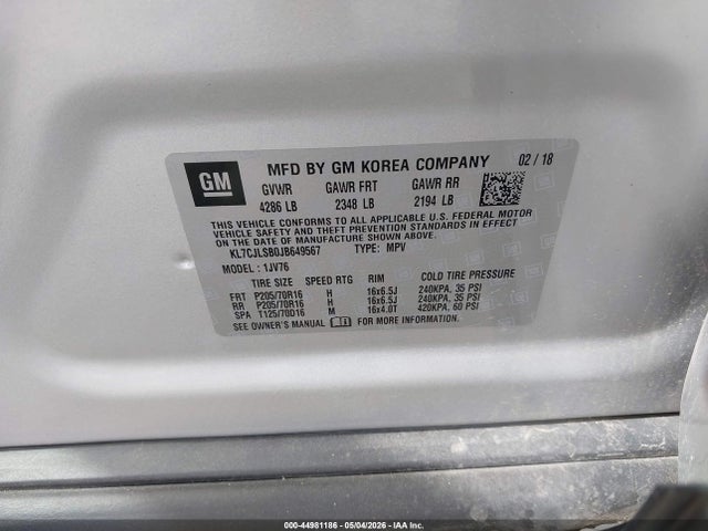Продаж на аукціоні авто 2018 Chevrolet Trax Lt, vin: KL7CJLSB0JB649567, номер лоту: 44981186